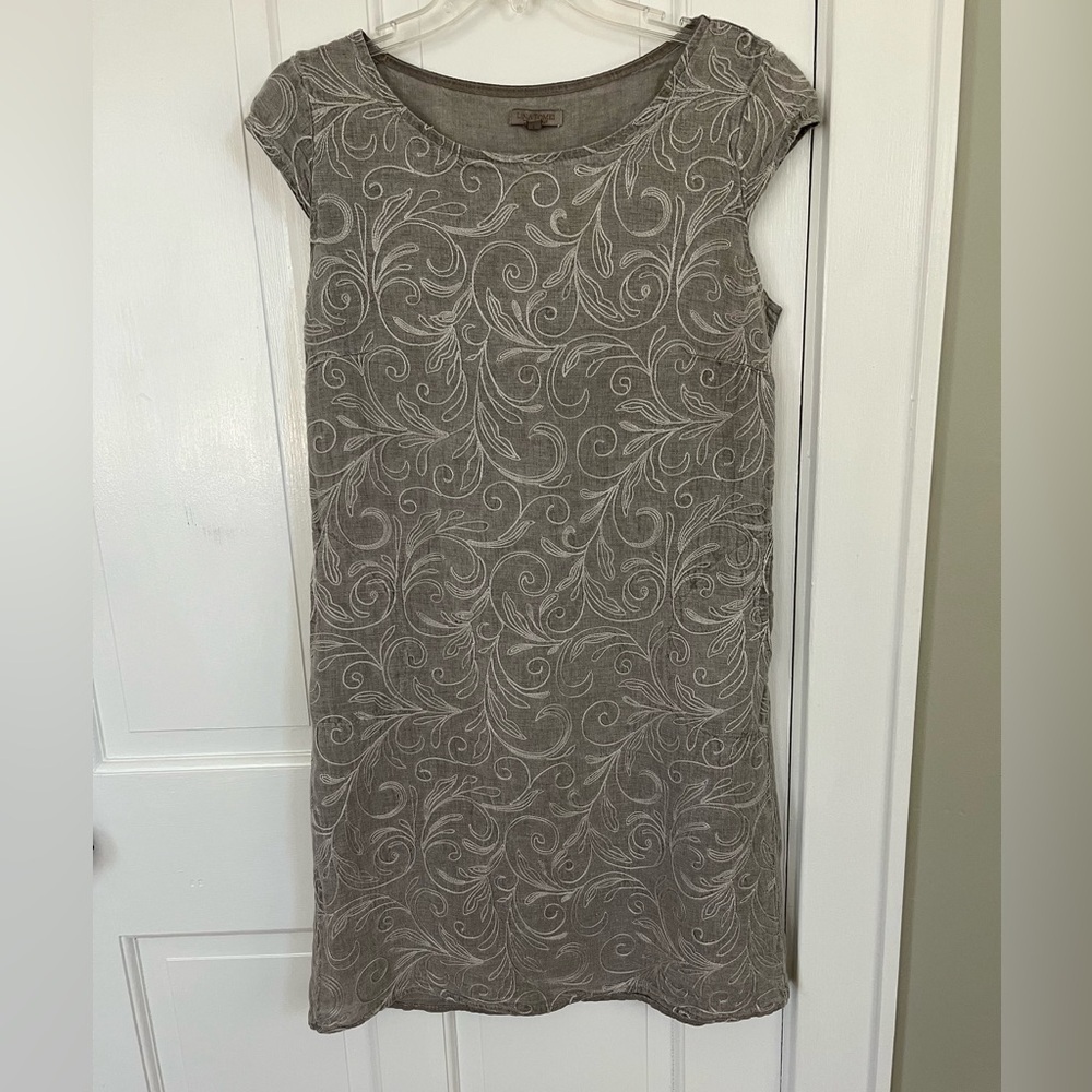 Lina Tomei Greige Embroidered Sheath Dress Mini 100% Linen Italy Size L Beachy